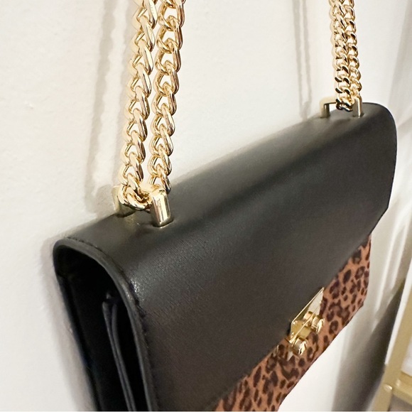 Express Animal Print Vegan Leather Flap Gold Chain Handbag Brown Black - Picture 6 of 10